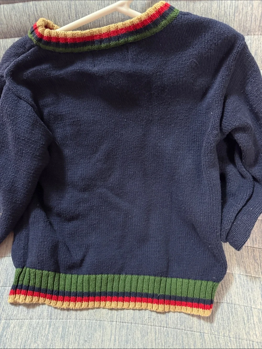 Florence Eiseman Navy Crewneck Moose Sweater with Red Cardinal